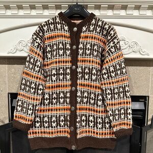 Handknit Norwegian Sweater in Viking Pattern in Brown & Orange -  OSFM c1970s